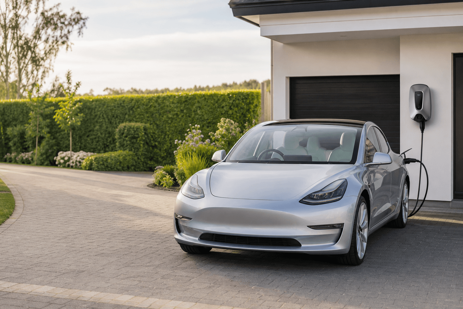 An electric car charging on the driveway of a modern UK home